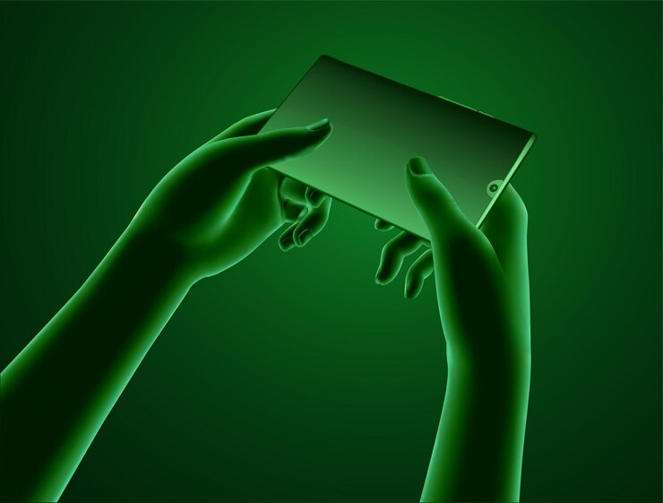 Vector set of virtual hands holding a mobile phone