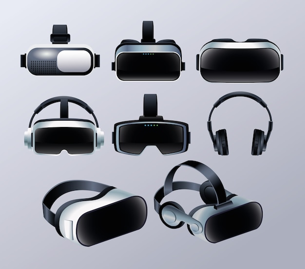 Set of virtual reality masks and earphones accessories with gray background