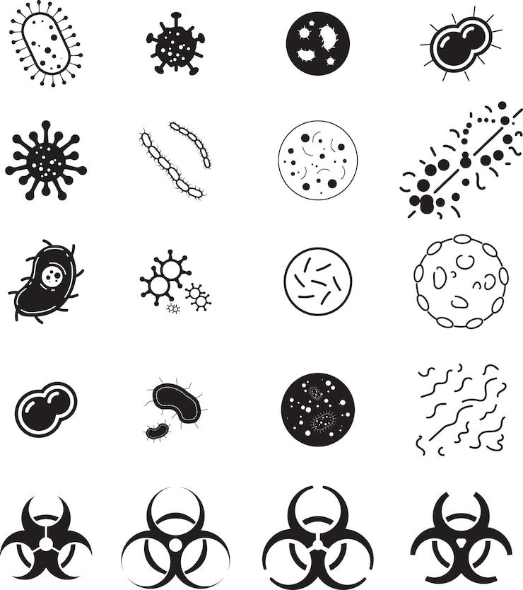 Vector set of virus bacteria biology infection and biohazard vector icons