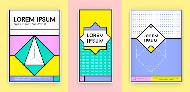 Set of Visual identity in Trendy New Fat Line Style Geometric Design in Retro Style with Fresh Old School Colours with Fictitious names and text