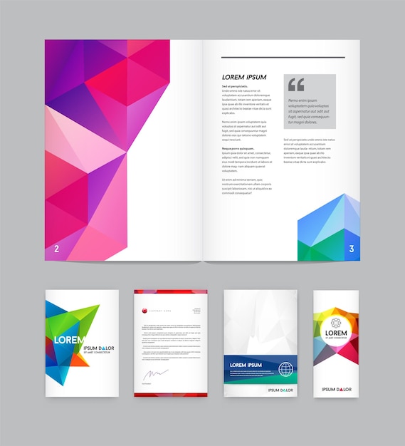Набор визуальной идентичности с элементами буквенного логотипа в многоугольном стиле. Бланки и геометрические треугольные макеты обложек брошюры в стиле дизайна для бизнеса с вымышленными именами.