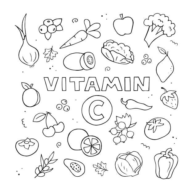 Insieme di fonti di vitamina c. illustrazione disegnata a mano. doodle cibo naturale. contorno in bianco e nero.