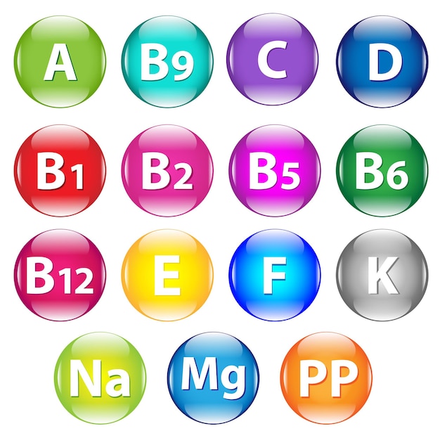 Set vitamine, isolato su sfondo bianco, illustrazione