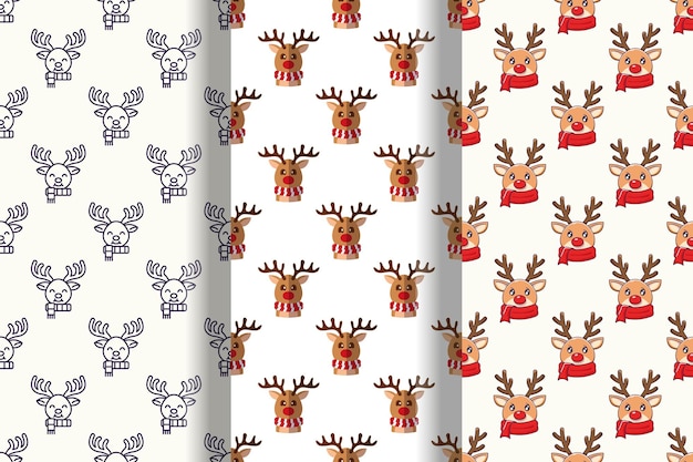 Set of vivid seamless patterns of christmas deer for printing and wrapping