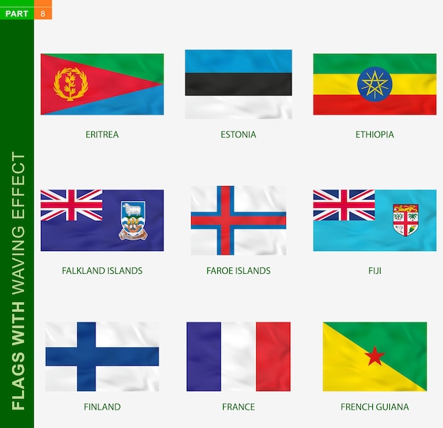 Set vlag met wuivende ingang, nationale vlag met textuur. vector vlag van eritrea, estland, ethiopië, falklandeilanden, faeröer, fiji, finland, frankrijk, frans-guyana