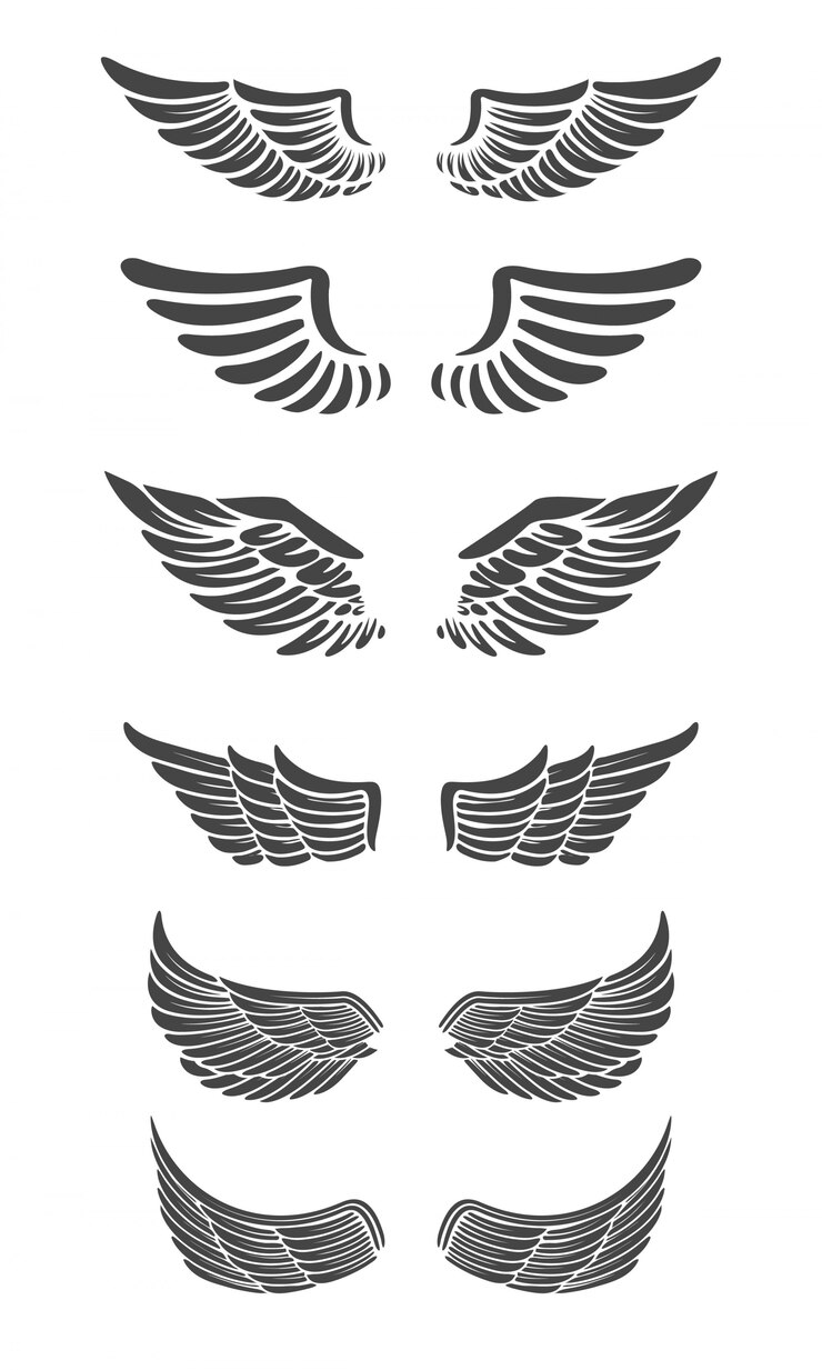 Set vleugels geïsoleerd op een witte achtergrond. Ontwerpelementen voor logo, label, embleem, teken, merkmarkering.