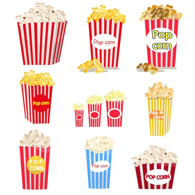 Set vol rood-wit gestreepte popcorn emmers in verschillende maten.