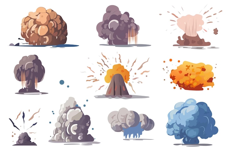 Vector set of volcanoes in the cartoon style fascinating illustration of a set of fiery eruptions