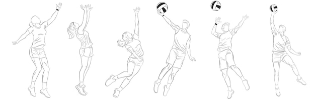 Набор игроков в волейбол, прыгающих и бьющих мяч, нарисованный черными очертаниями на белом фоне