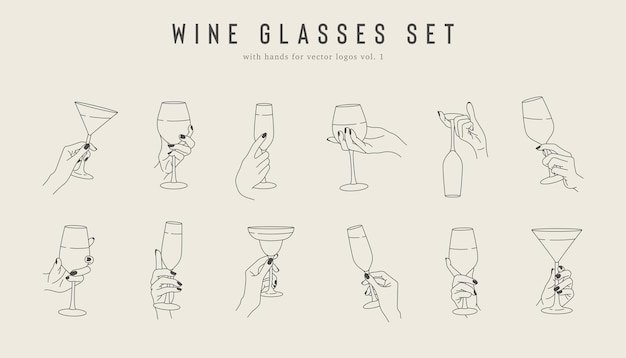 Set volume one of hands with wine glasses Vector line collection of hold hand drinks Design template for restaraunt logo alcohol label cocktail emblem wine bar or drink store stickers