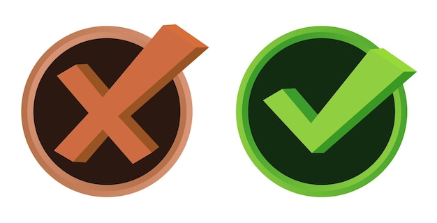 A set of volumetric buttons Green ticks and red crosses Round confirmation or cancellation signs