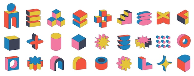 Vector set of volumetric geometric figures bauhaus retro shapes colorful geometric block y2k illustrations