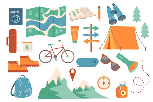 set voor eco Reizende wandelapparatuur Ecotoerisme vector illustratie kamp