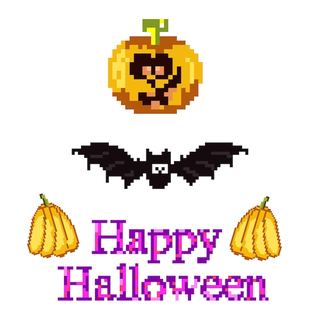 Set voor halloween in stijl pixelart een pompoen een vleermuis en een inscriptie