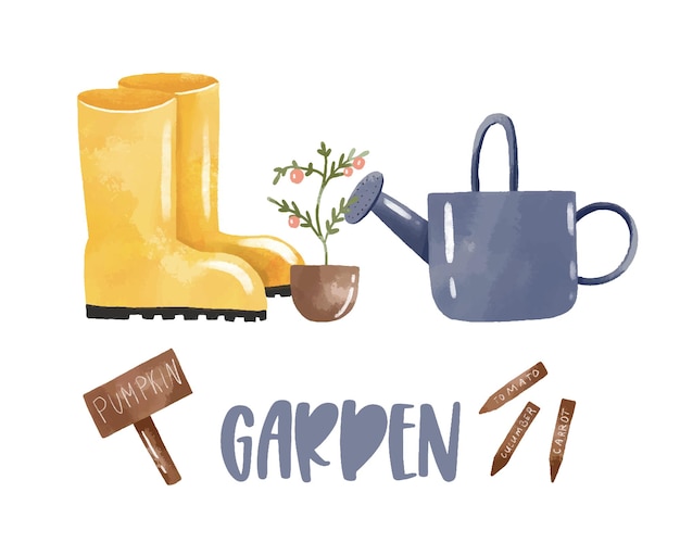 Set voor lente tuinieren Tuinapparatuur met de hand getekende cartoon wat