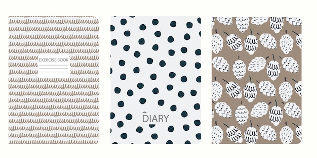 Vector set voorbladsjablonen gebaseerd op patronen met dennenappels polka dot krabbel beigekleurige pastelachtergronden voor notebooks, notitieblokken, dagboeken headers geïsoleerd vervangbaar