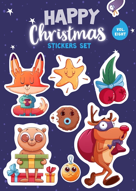 Set vrolijk kerstfeest en gelukkig nieuwjaar stickers of magneten. feestelijke souvenirs. vector illustratie