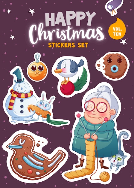 Set vrolijk kerstfeest en gelukkig nieuwjaar stickers of magneten. feestelijke souvenirs. vector illustratie