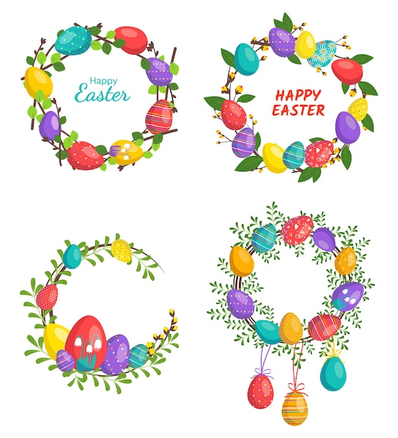 Set vrolijk pasen krans in felle kleuren feestelijke decoratie met lente elementen bloemen en ei...