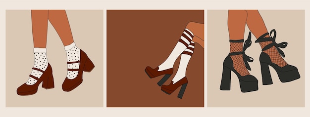 Vector set vrouwelijke benen in stijlvolle schoenen met hakken en kanten sokken. mode en stijl,