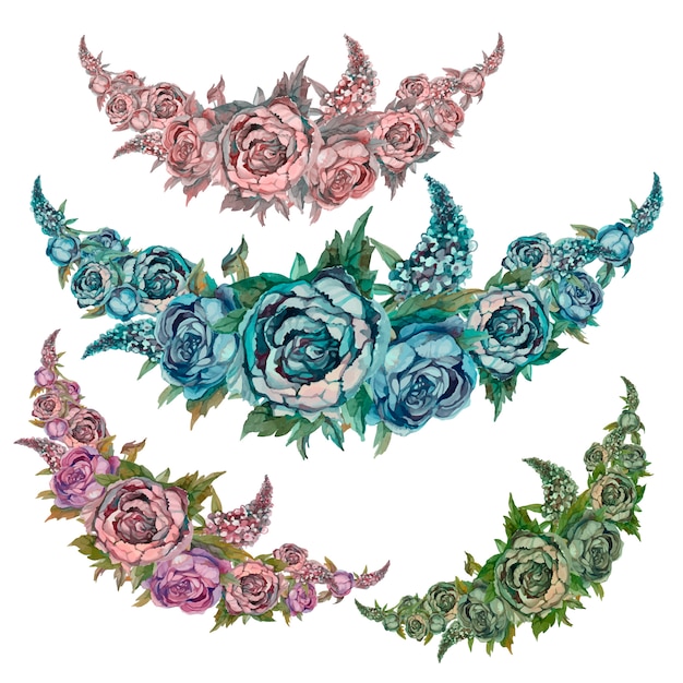 Vector set of w garlands of flowers of peonies of roses and lilacs