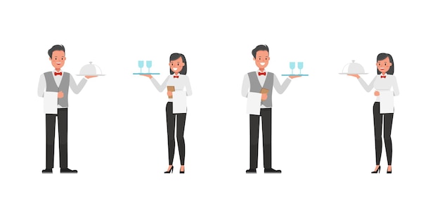 Vector set of waiters, man and woman characters