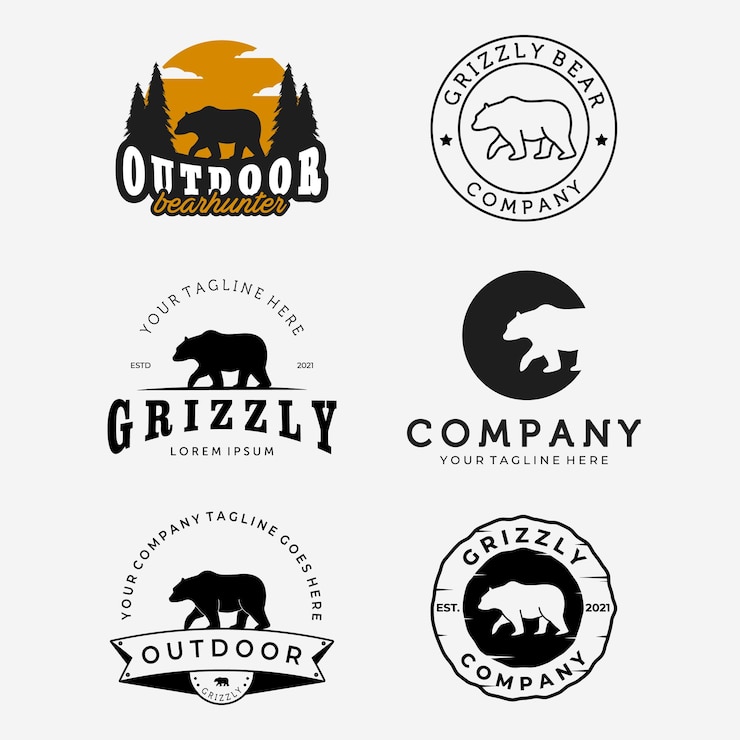 Vector set of walking bear hunter logo vector design, emblem bundle of bear grizzly vintage and line art illustration