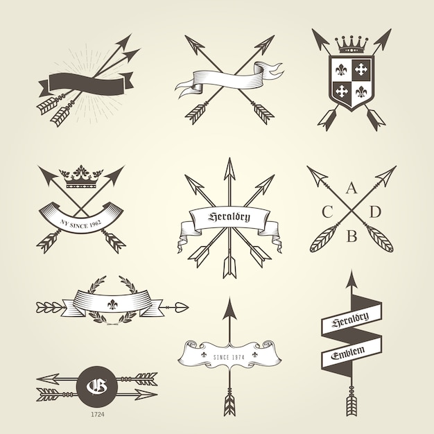 Vector set wapenschild met boogpijlen - emblemen en blazoenen, heraldische zegels