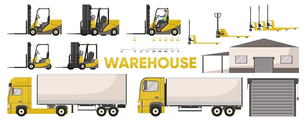 Set of warehouse forklifts and trucks isolated on white background Warehouse building loading and lifting equipment Cargo and logistic transport big collection of flat icons Vector illustration