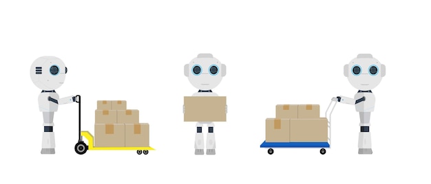set of warehouse robot with cardboard boxes and handcart vector illustration