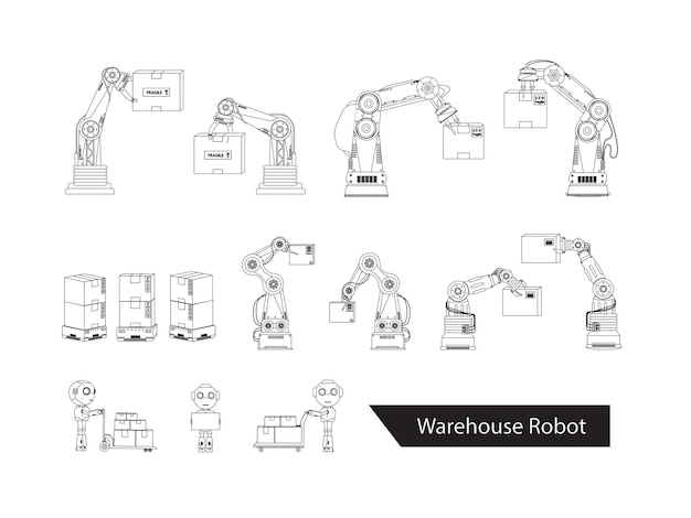 Vector set of warehouse robots outline isolated vector illustration