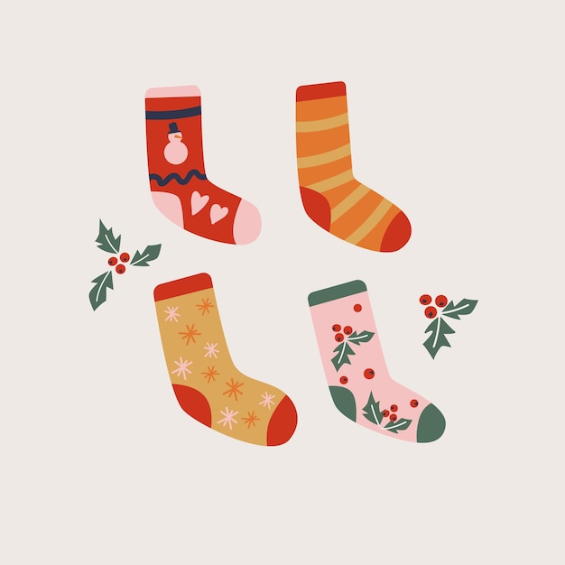 Set of warm fuzzy winter socks with different christmas designs