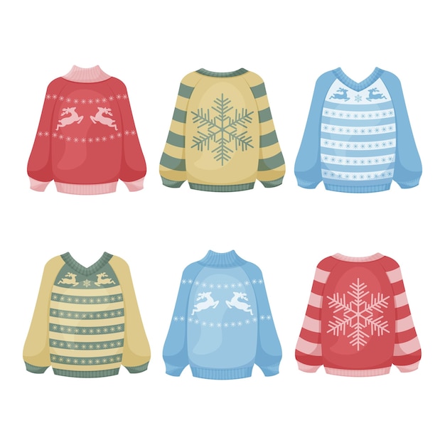 A set of warm ugly sweaters with Christmas drawings. Winter jumpers in different colors, with the image of snowflakes and deer. Warm clothes for cold weather. Vector illustration in cartoon style.