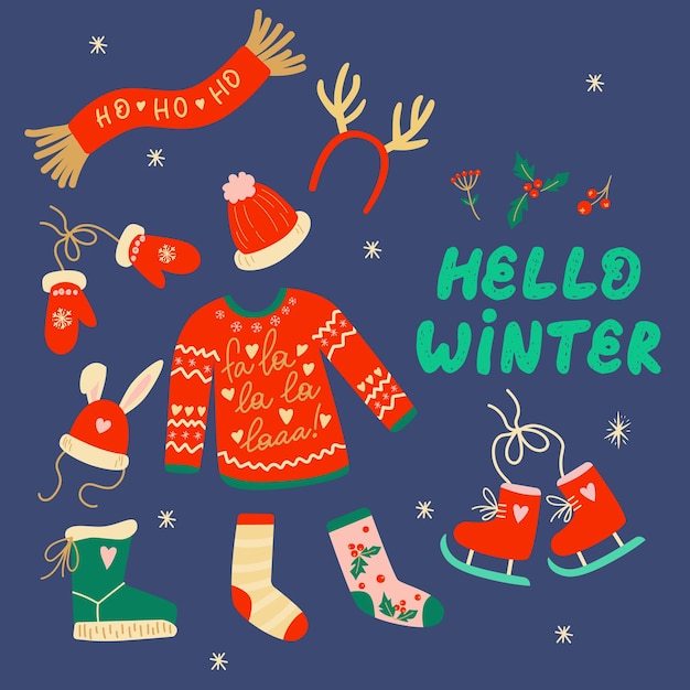 Set di vestiti invernali caldi design ciao inverno segno maglia e inverno cappello invernale moda natale