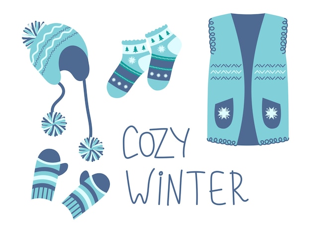 Set warme winterkleren met handgeschreven tekst. Vectorillustratie voor stickers ontwerp decoratie