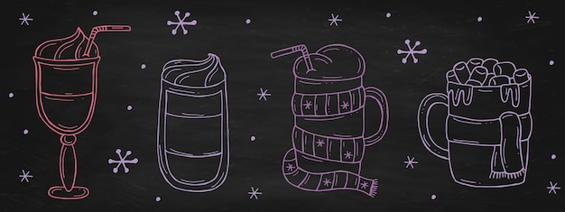 Vector set of a warming winter drinks on a black chalk board vector illustration in doodle style winter mood hello 2023 merry christmas and happy new year