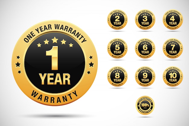 Set of warranty golden and silver labels and badges isolated