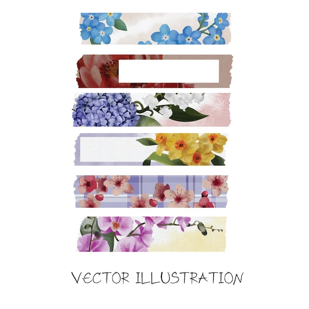 Vector set of washi tape flowers and leaf watercolor vector illustration