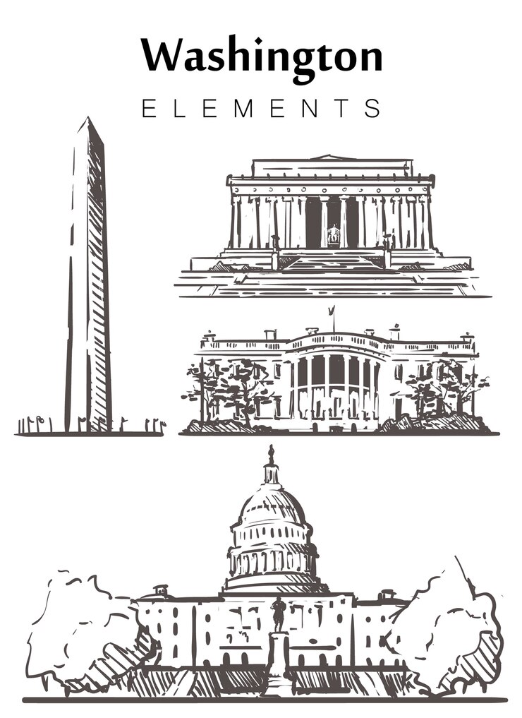 Vector set of washington buildings isolated on white