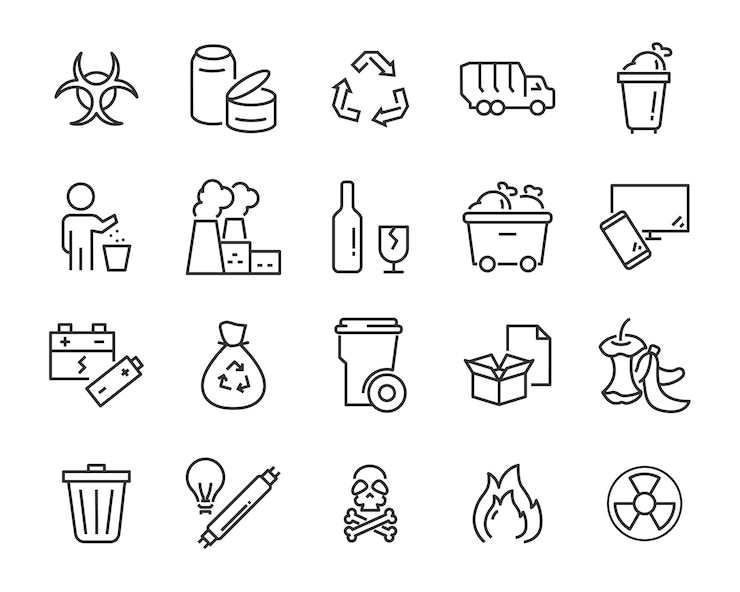 Set of waste icons, such as garbage, pollution, dirty, trash, industry