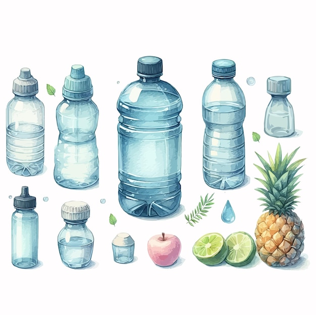 Set of water bottles with different types of water Vector illustration