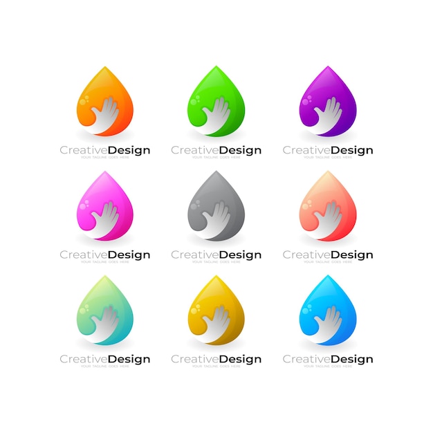 Set water drop logo and hand people design combination, Colorful logos