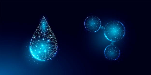 Set of water drop and water molecule. wireframe light connection structure, 3d graphic concept.