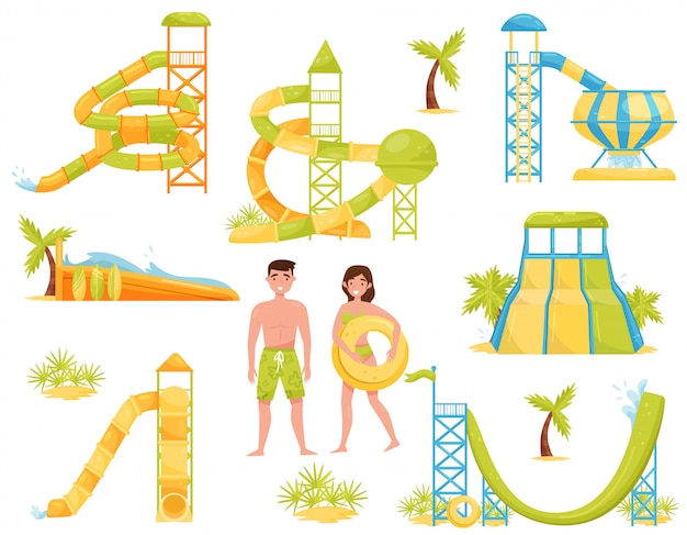 Vector set of water slides, surfing wave pool and people in swimming suits. aqua park equipment. extreme attractions