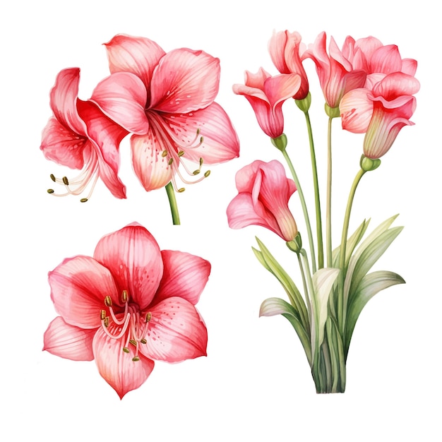 Set of watercolor Amaryllis flower isolated white background