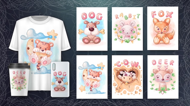 Set watercolor animal poster and merchandising