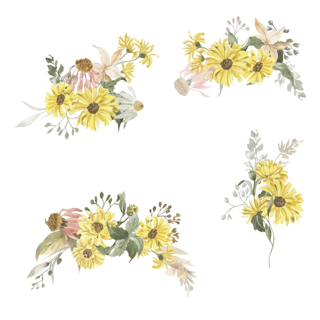 Set of watercolor autumn floral bouquets of wild flowers