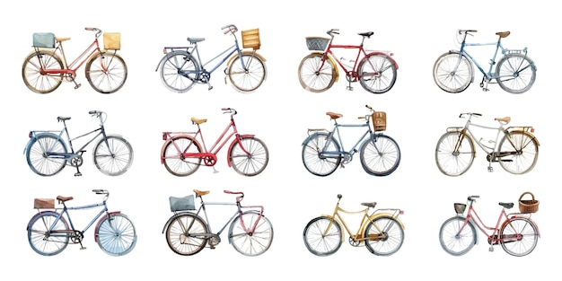 Set of watercolor bicycles on white background