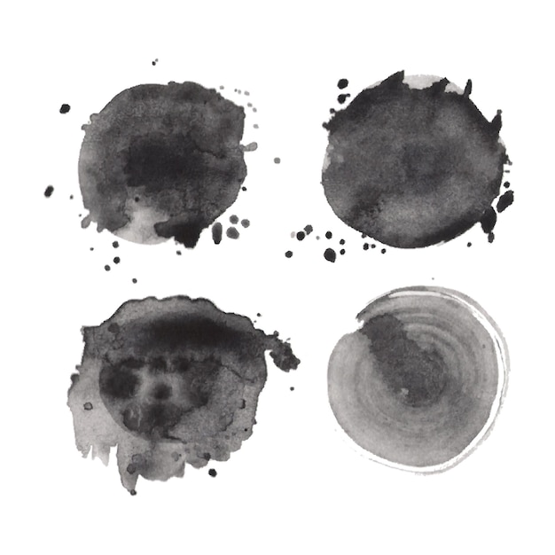 Set of watercolor black round shapes. Hand-drawn monochrome splashes stains textures on white background. Vector elements