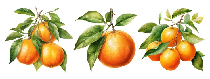Vector set of watercolor blooming orange tree branches flowers and orange ai generative